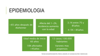 EPIDEMIOLOGIA
>65 años después de
Alzheimer
Afecta del 1-2%,
incidencia aumenta
con la edad
3.1% entre 75 y
85años
4-5% >85años
Edad media de inicio
60 años
10% afectados
<45años
13 casos/100.000
habitantes
Varones mas
propensos
TRATADO DE NEUROPSICOGERIATRIA, PEDRO GIL GREGORIO, 2011,SOCIEDAD DE GETRIA Y GERONTOLOGÍA
 