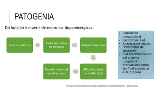 PATOGENIA
Disfunción y muerte de neuronas dopaminérgicas:
Estrés oxidativo
Radicales libres
de oxigeno
dopaminaquinina
Alfa sinucleína
(protofibrillas)
Muerte neuronal
(proteasoma)
• Disfunción
mitocondrial
• Excitotoxicidad
• Alteraciones gliales
• Fenómenos de
apoptosis
• mal funcionamiento
del sistema
ubiquitina-
proteasoma como
vía final común de
este proceso
TRATADO DE NEUROPSICOGERIATRIA, PEDRO GIL GREGORIO, 2011,SOCIEDAD DE GETRIA Y GERONTOLOGÍA
 