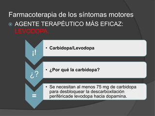 Farmacoterapia de los síntomas motores
 AGENTE TERAPÉUTICO MÁS EFICAZ:
LEVODOPA.
¡!
• Carbidopa/Levodopa
¿?
• ¿Por qué la carbidopa?
=
• Se necesitan al menos 75 mg de carbidopa
para desbloquear la descarboxilación
periféricade levodopa hacia dopamina.
 