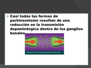  Casi todas las formas de
parkinsonismo resultan de una
reducción en la transmisión
dopaminérgica dentro de los ganglios
basales.
 