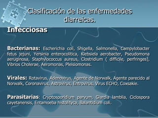 Clasificación de las enfermedades
                   diarreicas.
Infecciosas

Bacterianas: Escherichia coli, Shigella, Sal...