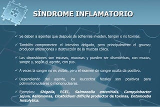  Se deben a agentes que después de adherirse invaden, tengan o no toxinas.
 También comprometen el intestino delgado, pero principalmente el grueso;
producen alteraciones y destrucción de la mucosa cólica.
 Las deposiciones son escasas, mucosas y pueden ser disentéricas, con mucus,
sangre y, según el agente, con pus.
 A veces la sangre no es visible, pero el examen de sangre oculta da positivo.
 Dependiendo del agente, los leucocitos fecales son positivos para
polimorfonucleares o mononucleares.
 Ejemplos: Shigella, ECEI, Salmonella enteritidis, Campylobacter
jejuni, Aeromonas, Clostridium difficile productor de toxinas, Entamoeba
histolytica.
 