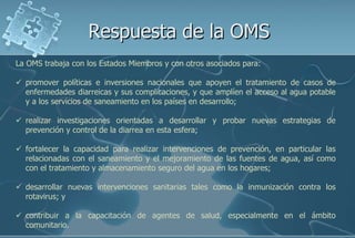 Respuesta de la OMS
La OMS trabaja con los Estados Miembros y con otros asociados para:
 promover políticas e inversiones nacionales que apoyen el tratamiento de casos de
enfermedades diarreicas y sus complicaciones, y que amplíen el acceso al agua potable
y a los servicios de saneamiento en los países en desarrollo;
 realizar investigaciones orientadas a desarrollar y probar nuevas estrategias de
prevención y control de la diarrea en esta esfera;
 fortalecer la capacidad para realizar intervenciones de prevención, en particular las
relacionadas con el saneamiento y el mejoramiento de las fuentes de agua, así como
con el tratamiento y almacenamiento seguro del agua en los hogares;
 desarrollar nuevas intervenciones sanitarias tales como la inmunización contra los
rotavirus; y
 contribuir a la capacitación de agentes de salud, especialmente en el ámbito
comunitario.
 