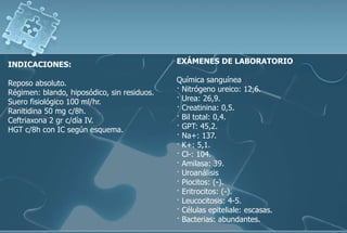 INDICACIONES:
Reposo absoluto.
Régimen: blando, hiposódico, sin residuos.
Suero fisiológico 100 ml/hr.
Ranitidina 50 mg c/8h.
Ceftriaxona 2 gr c/día IV.
HGT c/8h con IC según esquema.
EXÁMENES DE LABORATORIO
Química sanguínea
· Nitrógeno ureico: 12,6.
· Urea: 26,9.
· Creatinina: 0,5.
· Bil total: 0,4.
· GPT: 45,2.
· Na+: 137.
· K+: 5,1.
· Cl-: 104.
· Amilasa: 39.
· Uroanálisis
· Piocitos: (-).
· Eritrocitos: (-).
· Leucocitosis: 4-5.
· Células epiteliale: escasas.
· Bacterias: abundantes.
 