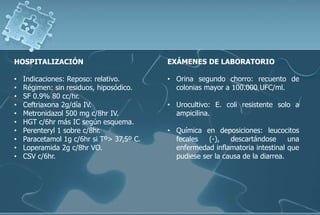 HOSPITALIZACIÓN
• Indicaciones: Reposo: relativo.
• Régimen: sin residuos, hiposódico.
• SF 0.9% 80 cc/hr.
• Ceftriaxona 2g/día IV.
• Metronidazol 500 mg c/8hr IV.
• HGT c/6hr más IC según esquema.
• Perenteryl 1 sobre c/8hr.
• Paracetamol 1g c/6hr si Tº> 37,5º C.
• Loperamida 2g c/8hr VO.
• CSV c/6hr.
EXÁMENES DE LABORATORIO
• Orina segundo chorro: recuento de
colonias mayor a 100.000 UFC/ml.
• Urocultivo: E. coli resistente solo a
ampicilina.
• Química en deposiciones: leucocitos
fecales (-), descartándose una
enfermedad inflamatoria intestinal que
pudiese ser la causa de la diarrea.
 