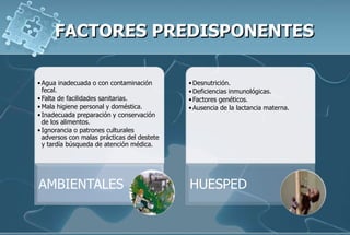 •Agua inadecuada o con contaminación
fecal.
•Falta de facilidades sanitarias.
•Mala higiene personal y doméstica.
•Inadecuada preparación y conservación
de los alimentos.
•Ignorancia o patrones culturales
adversos con malas prácticas del destete
y tardía búsqueda de atención médica.
AMBIENTALES
•Desnutrición.
•Deficiencias inmunológicas.
•Factores genéticos.
•Ausencia de la lactancia materna.
HUESPED
 