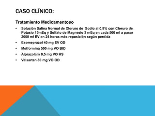 CASO CLÍNICO:
Tratamiento Medicamentoso
• Solución Salina Normal de Cloruro de Sodio al 0.9% con Cloruro de
Potasio 15mEq y Sulfato de Magnesio 3 mEq en cada 500 ml a pasar
2000 ml EV en 24 horas más reposición según perdida
• Esomeprazol 40 mg EV OD
• Metformina 500 mg VO BID
• Alprazolam 0,5 mg VO HS
• Valsartan 80 mg VO OD
 