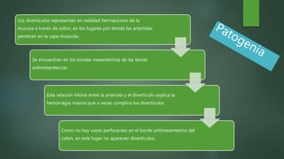 Los divertículos representan en realidad herniaciones de la
mucosa a través de colon, en los lugares por donde las arteriolas
penetran en la capa muscular.
Se encuentran en los bordes mesentéricos de las tenias
antimesentericas
Esta relación íntima entre la arteriola y el divertículo explica la
hemorragia masiva que a veces complica los divertículos
Como no hay vasos perforantes en el borde antimesenterico del
colon, en este lugar no aparecen divertículos.
 