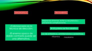 -Colonoscopia es la
técnica de elección;
-El enema opaco de
doble contraste puede ser
una alternativa.
DIAGNOSTICO
Mejorar los síntomas, evitar su recurrencia y
prevenir las complicaciones.
30-35 g diarios de fibra dietética
TRATAMIENTO
uso de antibióticos, antinflamatorios y probióticos.
rifixamina mesalazina
 
