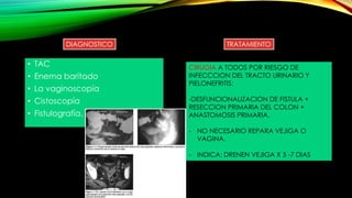DIAGNOSTICO TRATAMIENTO
• TAC
• Enema baritado
• La vaginoscopía
• Cistoscopía
• Fistulografía.
CIRUGIA A TODOS POR RIESGO DE
INFECCCION DEL TRACTO URINARIO Y
PIELONEFRITIS:
-DESFUNCIONALIZACION DE FISTULA +
RESECCION PRIMARIA DEL COLON +
ANASTOMOSIS PRIMARIA.
- NO NECESARIO REPARA VEJIGA O
VAGINA.
- INDICA: DRENEN VEJIGA X 5 -7 DIAS
 