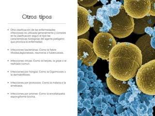 Otros tipos Otra clasificación de las enfermedades infecciosas es utilizada generalmente y consiste en la clasificación según el tipo las características biológicas del agente patógeno que provoca la enfermedad. Infecciones bacterianas: Como la fiebre tifoidea,legionelosis, neumonia o tuberculosis. Infecciones víricas: Como el herpes, la gripe o el resfriado comun. Infecciones por hongos: Como la Cigomicosis o la dermatofitosis. Infecciones por protozoos: Como la malaria o la amebiasis. Infecciones por priones: Como la encefalopatía espongiforme bovina. 