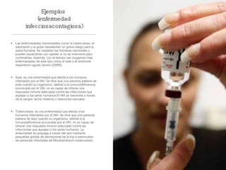 Ejemplos  (enfermedad infecciosacontagiosa) Las enfermedades transmisibles como la tuberculosis, el sarampión y la gripe representan un grave riesgo para la salud humana. No respetan las fronteras nacionales y pueden expandirse con rapidez si no se interviene para controlarlas. Además, con el tiempo van surgiendo más enfermedades de este tipo como el sida o el síndrome respiratorio agudo severo (SARS). Sida: es una enfermedad que afecta a los humanos infectados por el VIH. Se dice que una persona padece de sida cuando su organismo, debido a la inmunodeficiencia provocada por el VIH, no es capaz de ofrecer una respuesta inmune adecuada contra las infecciones que aquejan a los seres humanos.El VIH se transmite a través de la sangre, leche materna o relaciones sexuales. Tuberculosis: es una enfermedad que afecta a los humanos infectados por el VIH. Se dice que una persona padece de sida cuando su organismo, debido a la inmunodeficiencia provocada por el VIH, no es capaz de ofrecer una respuesta inmune adecuada contra las infecciones que aquejan a los seres humanos. La enfermedad se propaga a través del aire mediante pequeñas gotitas de secreciones de la tos ó estornudos de personas infectadas de Micobacteryum tuberculosis. 