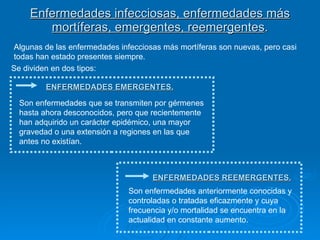 Enfermedades infecciosas, enfermedades más mortíferas, emergentes, reemergentes . Algunas de las enfermedades infecciosas más mortíferas son nuevas, pero casi todas han estado presentes siempre. Se dividen en dos tipos: ENFERMEDADES EMERGENTES. ENFERMEDADES REEMERGENTES. Son enfermedades que se transmiten por gérmenes hasta ahora desconocidos, pero que recientemente han adquirido un carácter epidémico, una mayor gravedad o una extensión a regiones en las que antes no existían. Son enfermedades anteriormente conocidas y controladas o tratadas eficazmente y cuya frecuencia y/o mortalidad se encuentra en la actualidad en constante aumento. 