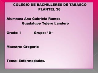 COLEGIO DE BACHILLERES DE TABASCO
               PLANTEL 36

Alumnas: Ana Gabriela Ramos
       Guadalupe Tejero Landero

Grado: I      Grupo: *D*



Maestro: Gregorio



Tema: Enfermedades.
 