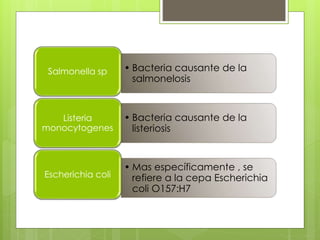 • Bacteria causante de la
salmonelosis
Salmonella sp
• Bacteria causante de la
listeriosis
Listeria
monocytogenes
• Mas específicamente , se
refiere a la cepa Escherichia
coli O157:H7
Escherichia coli
 