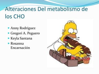 Alteraciones Del metabolismo de 
los CHO 
 Anny Rodríguez 
 Gregori A. Peguero 
 Keyla Santana 
 Rosanna 
Encarnación 
 