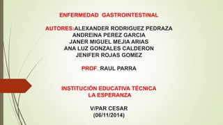 ENFERMEDAD GASTROINTESTINAL 
AUTORES:ALEXANDER RODRIGUEZ PEDRAZA 
ANDREINA PEREZ GARCIA 
JANER MIGUEL MEJIA ARIAS 
ANA LUZ GONZALES CALDERON 
JENIFER ROJAS GOMEZ 
PROF.:RAUL PARRA 
INSTITUCIÓN EDUCATIVA TÉCNICA 
LA ESPERANZA 
V/PAR CESAR 
(06/11/2014) 
 