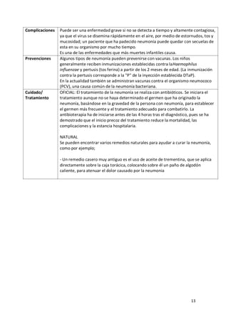 13
Complicaciones Puede ser una enfermedad grave si no se detecta a tiempo y altamente contagiosa,
ya que el virus se disemina rápidamente en el aire, por medio de estornudos, tos y
mucosidad; un paciente que ha padecido neumonía puede quedar con secuelas de
esta en su organismo por mucho tiempo.
Es una de las enfermedades que más muertes infantiles causa.
Prevenciones Algunos tipos de neumonía pueden prevenirse con vacunas. Los niños
generalmente reciben inmunizaciones establecidas contra laHaemophilus
influenzae y pertusis (tos ferina) a partir de los 2 meses de edad. (La inmunización
contra la pertusis corresponde a la "P" de la inyección establecida DTaP).
En la actualidad también se administran vacunas contra el organismo neumococo
(PCV), una causa común de la neumonía bacteriana.
Cuidado/
Tratamiento
OFICIAL: El tratamiento de la neumonía se realiza con antibióticos. Se iniciara el
tratamiento aunque no se haya determinado el germen que ha originado la
neumonía, basándose en la gravedad de la persona con neumonía, para establecer
el germen más frecuente y el tratamiento adecuado para combatirlo. La
antibioterapia ha de iniciarse antes de las 4 horas tras el diagnóstico, pues se ha
demostrado que el inicio precoz del tratamiento reduce la mortalidad, las
complicaciones y la estancia hospitalaria.
NATURAL
Se pueden encontrar varios remedios naturales para ayudar a curar la neumonía,
como por ejemplo;
- Un remedio casero muy antiguo es el uso de aceite de trementina, que se aplica
directamente sobre la caja torácica, colocando sobre él un paño de algodón
caliente, para atenuar el dolor causado por la neumonia
 