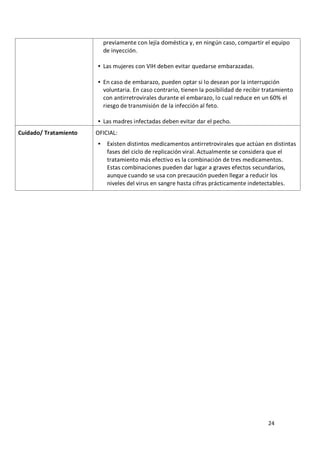 24
previamente con lejía doméstica y, en ningún caso, compartir el equipo
de inyección.
 Las mujeres con VIH deben evitar quedarse embarazadas.
 En caso de embarazo, pueden optar si lo desean por la interrupción
voluntaria. En caso contrario, tienen la posibilidad de recibir tratamiento
con antirretrovirales durante el embarazo, lo cual reduce en un 60% el
riesgo de transmisión de la infección al feto.
 Las madres infectadas deben evitar dar el pecho.
Cuidado/ Tratamiento OFICIAL:
 Existen distintos medicamentos antirretrovirales que actúan en distintas
fases del ciclo de replicación viral. Actualmente se considera que el
tratamiento más efectivo es la combinación de tres medicamentos.
Estas combinaciones pueden dar lugar a graves efectos secundarios,
aunque cuando se usa con precaución pueden llegar a reducir los
niveles del virus en sangre hasta cifras prácticamente indetectables.
 