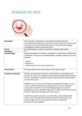 36
HONGOS DE PIES
Descripción El pie de atleta o tinea pedis es una infección micótica producida
por hongos dermatofitos (que se alimentan dequeratina) o por levaduras (en
casos muy raros con alteración del sistema inmune). Afecta los pliegues
interdigitales, la planta y los bordes del pie.
Causas Se pueden coger en la piscina o duchas de cualquier lugar publico
Contagioso Si
Sintomatología Pueden presentarse sin síntomas, excepto por la característica maloliente de
la infección. Es frecuente ver también grietas, ampollas y escamas en el área
afectada.
- Picazón
- Maceracion
- Grietas y fisuras con un olor característico
Prevenciones En duchas publicas usar chancletas para evitar coger hongos
Cuidado/ Tratamiento OFICIAL: El tratamiento consiste en la utilización de un antimicótico, bien
por vía oral o tópica. Por vía tópica la desaparición completa del dermatofito
es difícil: un 65% de los pacientes vuelven a experimentar la enfermedad en
un plazo de dos años.
NATURAL: La sal es una de las principales enemigas de los hongos. Por eso
mismo, emplear bicarbonato de sodio puede ser una de las excelentes
maneras de erradicarlos. Simplemente debes preparar una pasta de
bicarbonato con agua, aplicando luego entre los dedos de los pies y las zonas
afectadas. Deja secar y enjuaga. Aplica diariamente.
También el vinagre de manzana, un medio ácido, puede combatirlos de
manera efectiva. Simplemente puedes hacer baños metiendo tus pies
dentro de agua tibia con sal y vinagre de manzana o aplicártelo
directamente con un algodón.
 