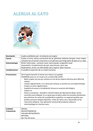 41
ALERGIA AL GATO
Descripción Cuadro anafiláctico por el contacto con el gato.
Causas El pelo, la orina, saliva y secreciones de las glándulas sebáceas del gato. tener ningún
contacto con el animal o acercarse a una persona que tenga pelos de gato en su ropa.
Sintomatología Rinitis: Estornudos, comezón nasal, moco liquido, congestión nasal
Conjuntivitis. Enrojecimiento de ojos, ojos llorosos, picor ojos
Respiratorias: Asma, tos dificultades para respirar, dolor toracico.
Complicaciones Es posible la aparicion de un cuadro asmatico
Prevenciones Dar el pecho durante al menos seis meses si es posible.
CUIDADOS cama en un rincón o en un balcó DEL GATO:
- Bañar al gato una vez por semana es una de las mejores técnicas pero difícil de
realizar.
- Limpiar regularmente, 2 a 4 veces por semana, al animal con una toalla húmeda.
- Limpiar su cama regularmente.
- Impedirle el acceso a la habitación incluso en ausencia del alérgico.
- Colocar su
- Existe un producto, Vetriderm solución tópica de laboratorios Bayer (antes
conocido como Allepet). Es un spray que se aplica sobre los animales domésticos
para eliminar los restos de suciedad de la superficie, en especial aquellos que
pueden provocar alergias (epitelios, restos de saliva, etc), reduciendo así las
reacciones alérgicas. Una aplicación semanal del producto reduce la
sintomatología en muchos casos.
Cuidado/
Tratamiento
OFICIAL:
ANTIHISTIMANICOS.
VACUNA ANTIALÉRGICA.
NATURAL:
Ajo. Flor de sauco.
 