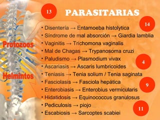 • Disentería → Entamoeba histolytica
• Síndrome de mal absorción → Giardia lamblia
• Vaginitis → Trichomona vaginalis
• Mal de Chagas → Trypanosoma cruzi
• Paludismo → Plasmodium vivax
• Ascariasis → Ascaris lumbricoides
• Teniasis → Tenia solium / Tenia saginata
• Fasciolasis → Fasciola hepática
• Enterobiasis → Enterobius vermicularis
• Hidatidosis → Equinococcus granulosus
• Pediculosis → piojo
• Escabiosis → Sarcoptes scabiei
PARASITARIAS
4
9
11
13
14
 