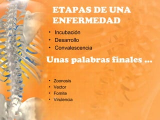 • Incubación
• Desarrollo
• Convalescencia
ETAPAS DE UNA
ENFERMEDAD
• Zoonosis
• Vector
• Fomite
• Virulencia
Unas palabras finales …
 