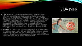 SIDA (VIH)
• Qué es: El virus de la inmunodeficiencia humana (VIH)
infecta a las células del sistema inmunitario, alterando o
anulando su función. La infección causa un progresivo
deterioro del sistema inmunitario y merma la capacidad del
organismo para combatir las infecciones y enfermedades.
En las etapas más avanzadas de la infección por el VIH
sobreviene el sida (síndrome de inmunodeficiencia
adquirida), que se define por la aparición de una o varias
infecciones oportunistas o tipos de cáncer de más de 20
posibles.
• Alcance: es uno de los agentes infecciosos más mortíferos
del mundo, que en los últimos 30 años ha cobrado más de
25 millones de vidas. En 2011 había alrededor de 34,2
millones de personas afectadas por el virus, más del 60% de
las cuales vivían en el África subsahariana.
 