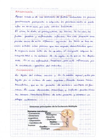 C|eMe'''^cfi»^eM'/c predí-sy^üeJTQJ o, acl^Oirifla. J-Ci píei/c»/ene/a ^viedi'o. puede—
^4 i-ji» •^U'ji.'t
pcniÜG^ Cat-Joj c/e eo-+a¿ c//^f€MC/aj- r e j - /e-. *¿
/CL n-i icjYaa ¿i-, ocurre O i ^ i e ^ d e / c ü / s Q Í ? 0 - J C2 / i vi i ^ r a M " í « d d ( ^ 0 J e ) « / o -
2ctdo. - ^ C » e-¿ oi^et enyetrHec/cic/ ^ e » g d ; •tor/Oj ^ ^ey:Q eü-fa _;i'^f'^weMc/¿*det prj-«-
o^j- "/ej">dcj ele/ -fí^feiTrto. k^ervJC-io
- i I I L U ! I ! ! , 1 i . --I ¡ I - 4 - 1
CiOvLQ jx^ acitjsas des COyiCüdeis^ tn^aorxi -faQOJ y_ (o^'J tt>í j=>Ucd^y> C-fVZc,^
S í n t o m a s p r i n c i p a l e s d e l a E s c l e r o s i s M ú l t i p l e
a l
S i s t e m a n e r v i o s o :
- C a n s a n c i o ^ j ? . * * -
- N i s t a g m o
- D e t e r i o r o
c o g n i t i v o
- D e p r e s i ó n
- C a m b i o s d e
h u m o r
' T
'i
- N e u r i t i s
- D i p l o p i a
H a b l a : -
^1
- D i s a r t r i a
C u e l l o : —
- D i s f a g i a -a
4
 