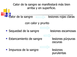 Calor de la sangre se manifestará más bien
                  arriba y en superficie.

   Calor de la sangre            lesiones rojas claras

                con calor y prurito

   Sequedad de la sangre             lesiones escamosas

   Estancamiento de sangre            lesiones púrpuras
                                       oscuras

   Impureza de la sangre              lesiones
                                       purulentas
 
