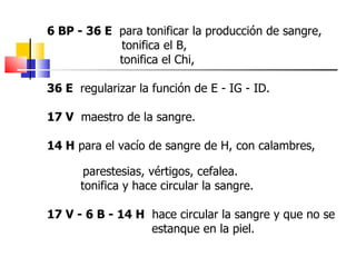 6 BP - 36 E para tonificar la producción de sangre,
            tonifica el B,
            tonifica el Chi,

36 E regularizar la función de E - IG - ID.

17 V maestro de la sangre.

14 H para el vacío de sangre de H, con calambres,

       parestesias, vértigos, cefalea.
      tonifica y hace circular la sangre.

17 V - 6 B - 14 H hace circular la sangre y que no se
                  estanque en la piel.
 