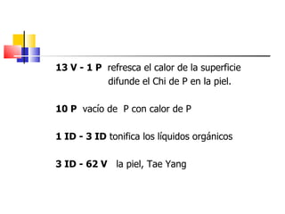 13 V - 1 P refresca el calor de la superficie
           difunde el Chi de P en la piel.

10 P vacío de P con calor de P

1 ID - 3 ID tonifica los líquidos orgánicos

3 ID - 62 V la piel, Tae Yang
 
