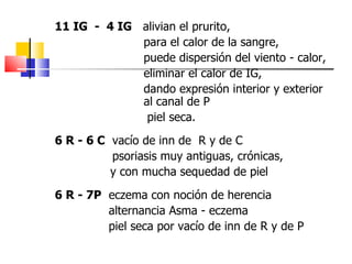 11 IG - 4 IG alivian el prurito,
             para el calor de la sangre,
             puede dispersión del viento - calor,
             eliminar el calor de IG,
             dando expresión interior y exterior
             al canal de P
              piel seca.
6 R - 6 C vacío de inn de R y de C
          psoriasis muy antiguas, crónicas,
          y con mucha sequedad de piel
6 R - 7P eczema con noción de herencia
         alternancia Asma - eczema
         piel seca por vacío de inn de R y de P
 
