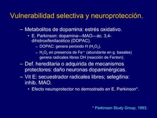 Vulnerabilidad selectiva y neuroprotección. Metabolitos de dopamina: estrés oxidativo.  E. Parkinson: dopamina---MAO---ác. 3,4-dihidroxifenilacético (DOPAC). DOPAC: genera peróxido H (H 2 O 2 ).  H 2 O 2  en presencia de Fe ++  (abundante en g. basales) genera radicales libres OH (reacción de Fenton). Def. hereditaria o adquirida de mecanismos protectores: daño neuronas dopaminérgicas. Vit E: secuestrador radicales libres; selegilina: inhib. MAO.  Efecto neuroprotector no demostrado en E. Parkinson*. *  Parkinson Study Group, 1993. 