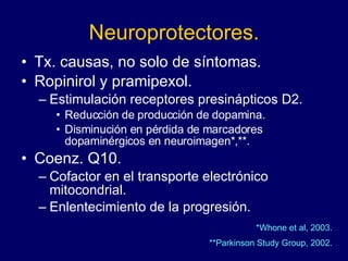 Neuroprotectores. Tx. causas, no solo de síntomas. Ropinirol y pramipexol. Estimulación receptores presinápticos D2. Reducción de producción de dopamina. Disminución en pérdida de marcadores dopaminérgicos en neuroimagen*,**. Coenz. Q10. Cofactor en el transporte electrónico mitocondrial. Enlentecimiento de la progresión.  *Whone et al, 2003. **Parkinson Study Group, 2002. 