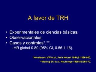 A favor de TRH Experimentales de ciencias básicas.  Observacionales. Casos y controles*,**. HR global 0.80 (95% CI, 0.56-1.16). *Henderson VW et al. Arch Neurol 1994;51:896-900. **Waring SC et al. Neurology 1999;52:965-70. 