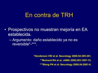 En contra de TRH Prospectivos no muestran mejoría en EA establecida. Argumento: daño establecido ya no es reversible*-***. *Henderson VW et al. Neurology 2000;54:295-301. **Mulnard RA et al. JAMA 2000;283:1007-15. ***Wang PN et al. Neurology 2000;54:2061-6. 