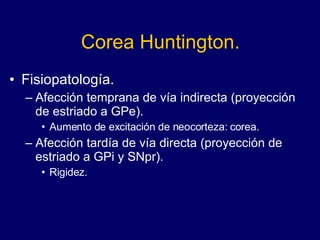 Corea Huntington. Fisiopatología. Afección temprana de vía indirecta (proyección de estriado a GPe). Aumento de excitación de neocorteza: corea. Afección tardía de vía directa (proyección de estriado a GPi y SNpr). Rigidez. 