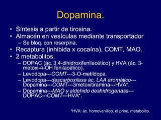 Dopamina. Síntesis a partir de tirosina.  Almacén en vesículas mediante transportador Se bloq. con reserpina.  Recaptura (inhibida x cocaína), COMT, MAO.  2 metabolitos.  DOPAC (ác. 3,4-dihidroxifenilacético) y HVA (ác. 3-metoxi-4-OH fenilacético). Levodopa--- COMT ---3-O-metildopa.  Levodopa-- -descarboxilasa   ác.   LAA aromático ---Dopamina--- COMT ---3metoxitiramina---HVA * .  Dopamina--- MAO y aldehido deshidrogenasa ---DOPAC--- COMT ---HVA * . *HVA: ác. homovanílico, el princ. metabolito. 