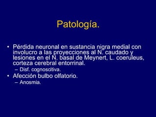 Patología. Pérdida neuronal en sustancia nigra medial con involucro a las proyecciones al N. caudado y lesiones en el N. basal de Meynert, L. coeruleus, corteza cerebral entorrinal.  Disf. cognoscitiva. Afección bulbo olfatorio.  Anosmia.  