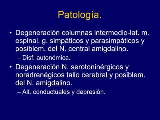Patología. Degeneración columnas intermedio-lat. m. espinal, g. simpáticos y parasimpáticos y posiblem. del N. central amigdalino.  Disf. autonómica. Degeneración N. serotoninérgicos y noradrenégicos tallo cerebral y posiblem. del N. amigdalino.  Alt. conductuales y depresión. 