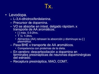 Tx. Levodopa. L-3,4-dihidroxifenilalanina. Precursor de dopamina.  VO se absorbe en intest. delgado rápidam. x transporte de AA aromáticos.  [ ] máx. 0.5-2hrs.  T ½: 1-3hrs.  Alimentos (AA) retrasan la absorción y disminuye su [ ] plasmática. Pasa BHE x transporte de AA aromáticos.  Competencia con proteínas de la dieta. En cerebro: descarboxilación a dopamina en terminales presinápticas de neuronas dopaminérgicas del estriado. Recaptura presináptica, MAO, COMT. 