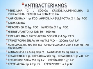 *PENICILINA G , SODICA CRISTALINA,PENICILINA G
PROCAINICIA, PENICILINA BENZATINICA
*AMPICILINA X 1 gr FCO, AMPICILINA SULBACTAM X 1,5gr FCO
*AMOXICILINA
*MEROPENEM X 1gr FCO IMIPENEM X 1 gr FCO
*NITROFURANTOINA TAB 50 – 100 mg
*PIPERACILINA Y TAZOBACTAM SODICO X 4.5gr FCO
*TRIMETROPIN SULFA 40 mg TAB V.O – 200mg AMP I.V
*NORFLOXACINA 400 mg TAB CIPROFLOXACINA 250 a 500 mg TAB
100 mg AMP
*GENTAMICINA 3 a 5 mg amp IV AMIKACINA: 15 mg amp IV
*CEFALEXINA X 1 gr, CEFRADINA 500 mg, CEFADROXIL 1 gr V.O – I.V
*CEFUROXIME 500 a 750 mg I.V CEFOTAXIME 1 gr I.V
*CEFTRIAXONA 1gr A 2gr I.V CEFTAZIDIME 1 a 2 gr IV
*
 