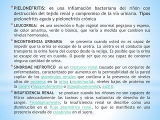 *PIELONEFRITIS: es una inflamación bacteriana del riñón con
destrucción del tejido renal y compromiso de la vía urinaria. Tipos
pielonefritis aguda y pielonefritis crónica
*LEUCORREA: es una secreción o flujo vaginal anormal pegajoso y espeso,
de color amarillo, verde o blanco, que varía a medida que cambien sus
niveles hormonales.
*INCONTINENCIA URINARIA se presenta cuando usted no es capaz de
impedir que la orina se escape de la uretra. La uretra es el conducto que
transporta la orina fuera del cuerpo desde la vejiga. Es posible que la orina
se escape de vez en cuando. O puede ser que no sea capaz de contener
ninguna cantidad de orina.
*SINDROME NEFROTICO es un trastorno renal causado por un conjunto de
enfermedades, caracterizado por aumento en la permeabilidad de la pared
capilar de los glomérulos renales que conlleva a la presencia de niveles
altos de proteína en la orina (proteinuria), niveles bajos de proteína en
la sangre (hipoproteinemia o hipoalbuminemia), ascitis
*INSUFICIENCIA RENAL se produce cuando los riñones no son capaces de
filtrar adecuadamente las toxinas y otras sustancias de desecho de la
sangre. Fisiológicamente, la insuficiencia renal se describe como una
disminución en el flujo plasmático renal, lo que se manifiesta en una
presencia elevada de creatinina en el suero.
 