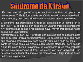 Síndrome de X frágil Es una afección genética que involucra cambios en parte del cromosoma X. Es la forma más común de retardo mental hereditario en hombres y una causa significativa de retardo mental en mujeres. El síndrome del cromosoma X frágil es causado por un cambio en el gen FMR1. El código del gen se repite en un área frágil del cromosoma X y, cuantas más copias o repeticiones haya, mayor probabilidad habrá de que sea un problema. Normalmente, el gen FMR1 produce una proteína que se necesita para que el cerebro crezca apropiadamente. Un defecto en este gen hace que el cuerpo produzca muy poco de esta proteína o nada del todo. Tanto los niños como las niñas pueden resultar afectados, pero debido a que los niños tienen únicamente un cromosoma X, es más probable que un solo cromosoma X frágil los afecte con más gravedad. Una persona puede tener el síndrome del cromosoma X frágil incluso si sus padres no lo padecen. 