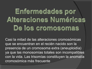 Casi la mitad de las alteraciones cromosómicas que se encuentran en el recién nacido son la presencia de un cromosoma extra (aneuploidía) ya que las monosomías totales son incompatibles con la vida. Las trisomías constituyen la anomalía cromosómica más frecuente  