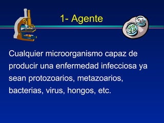 1- Agente Cualquier microorganismo capaz de producir una enfermedad infecciosa ya sean protozoarios, metazoarios, bacterias, virus, hongos, etc. 