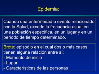 Cuando una enfermedad o evento relacionado con la Salud, excede la frecuencia usual en una población específica, en un lugar y en un período de tiempo determinado. Brote:   episodio en el cual dos o más casos tienen alguna relación entre sí: - Momento de inicio  - Lugar - Características de las personas Epidemia: 