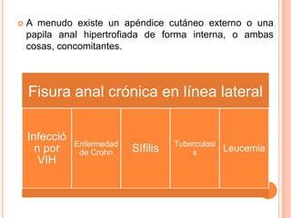    A menudo existe un apéndice cutáneo externo o una
    papila anal hipertrofiada de forma interna, o ambas
    cosas, concomitantes.



    Fisura anal crónica en línea lateral

    Infecció
               Enfermedad             Tuberculosi
      n por     de Crohn    Sífilis       s       Leucemia
       VIH
 