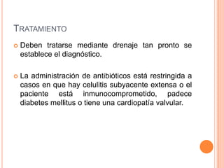 TRATAMIENTO
   Deben tratarse mediante drenaje tan pronto se
    establece el diagnóstico.

   La administración de antibióticos está restringida a
    casos en que hay celulitis subyacente extensa o el
    paciente está inmunocomprometido, padece
    diabetes mellitus o tiene una cardiopatía valvular.
 